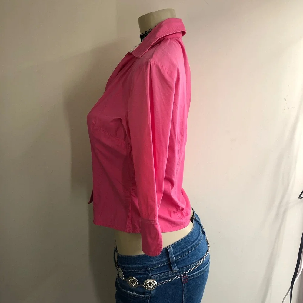 Vintage Y2K Hot Pink Button Down Shirt  Womens XS Petite Floral Collar Trim